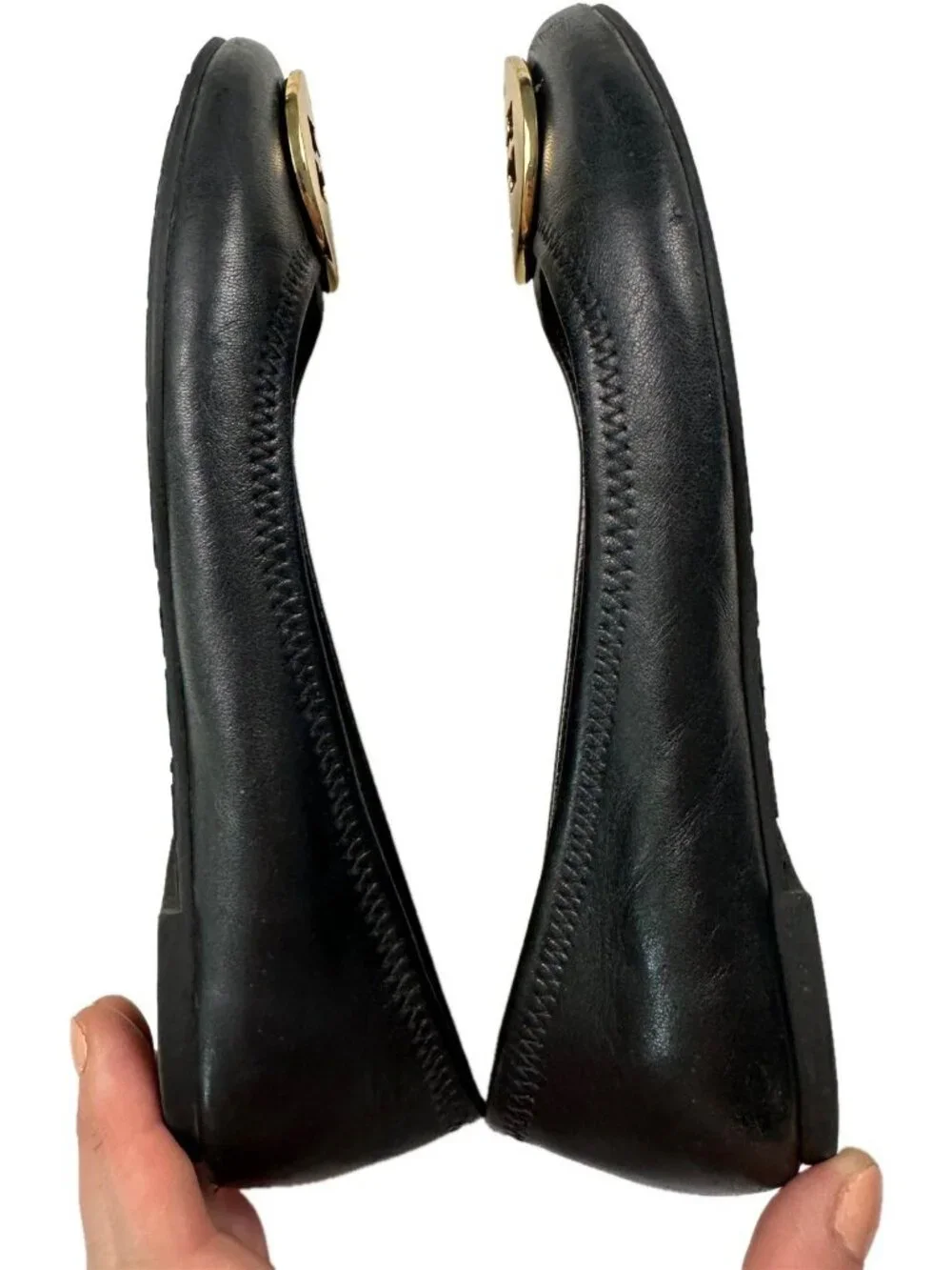 Tory Burch Black Leather Travel Ballet Flats Gold Logo 5.5 M